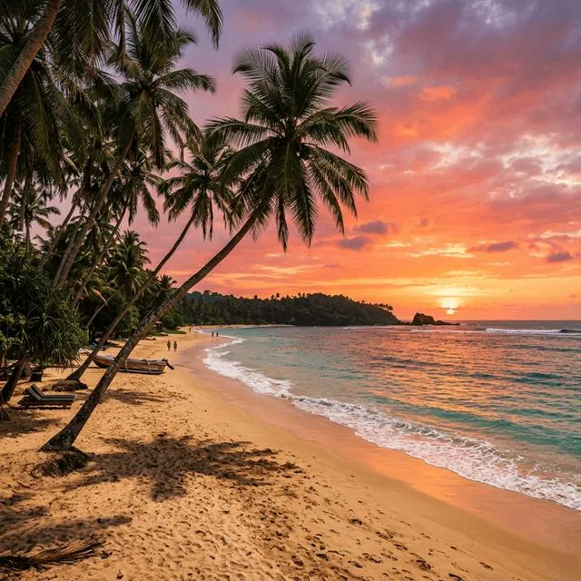 Coconut palms leaning over an empty beach at sunset, turquoise surf rolling in
